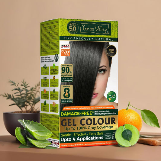 Black 1.00 Organic Hair Colour | Damage Free Gel Hair Color | Chemical Free, Long Lasting, Safe & Gentle - 200ml + 20g 1000