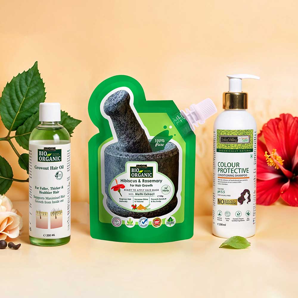 Grow out hair oil ,  Hibiscus mask for hair growth and colour protective conditioning shampoo combo