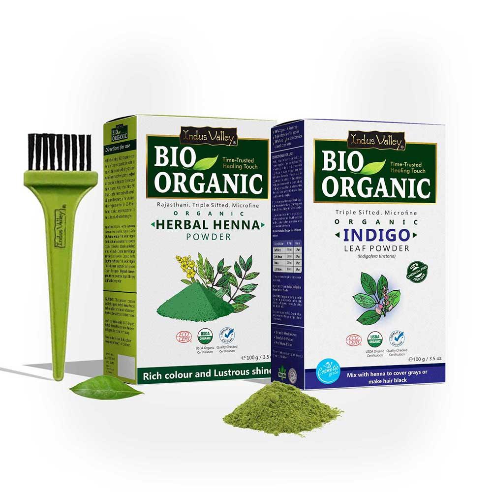 Natural Herbal Henna & Indigo Powder Combo with Applicator Brush
