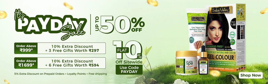 Promotional advertisement for a payday sale with discounts and free gifts on cosmetic products.