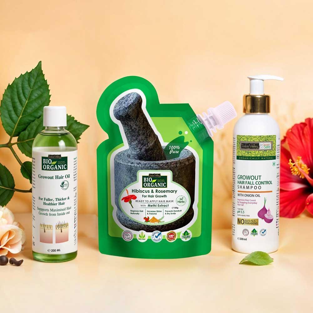 Growout Hair Oil and Shampoo 200ml Combo with Hibiscus &amp; Rosemary Hair Growth Mask 150g for natural hair growth &amp; nourishment